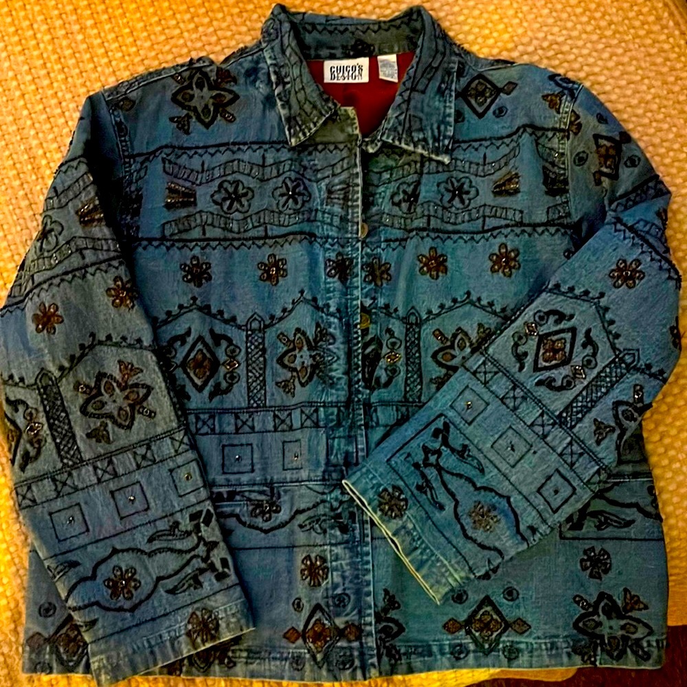 CHICOS DESIGN JEAN DENIM EMBROIDERED JACKET Size 3 XL 16